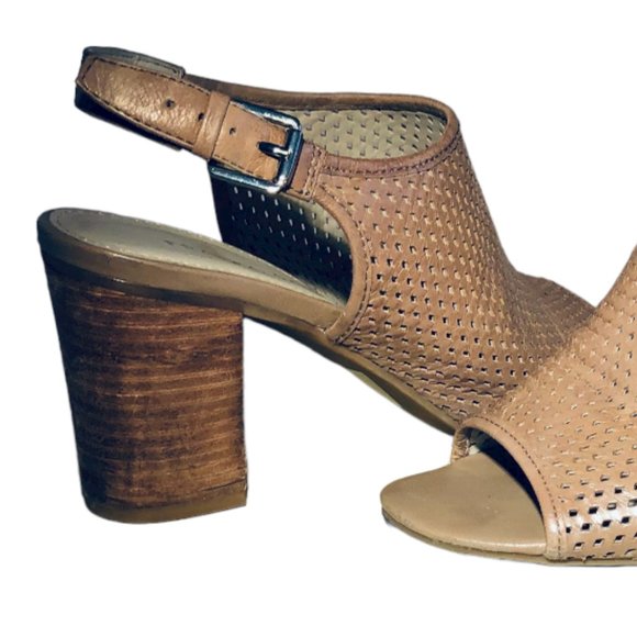 Franco Sarto Tan Leather Perforated Sling Back Heeled Sandals 10M - Picture 1 of 11